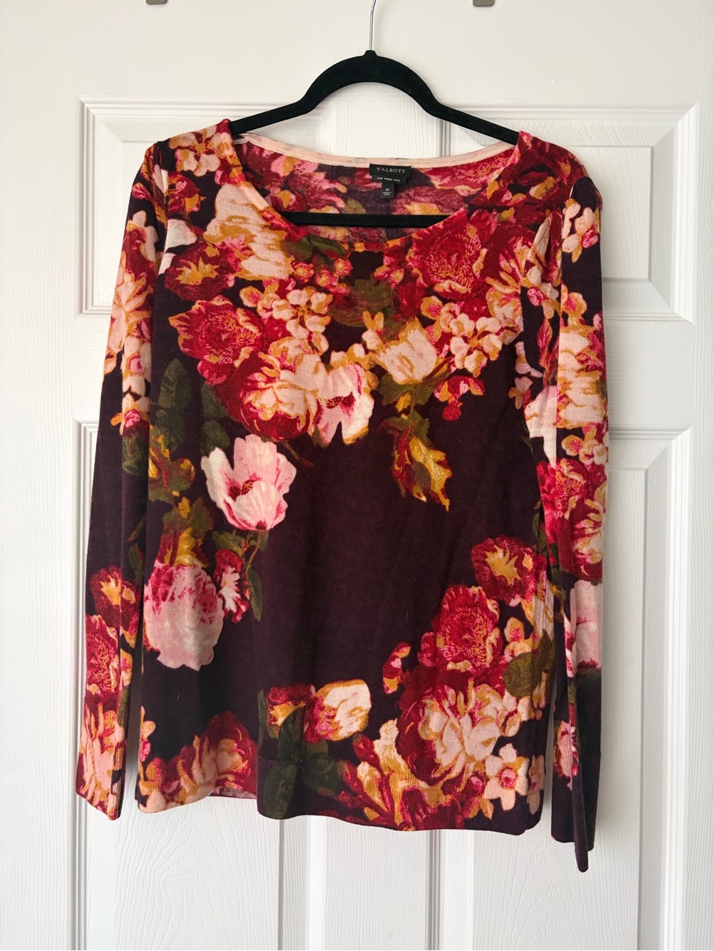 Talbots Burgundy Floral Long-Sleeve Scoop Neck Top